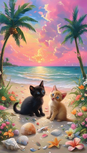 彩云下的粉色海滩与嬉戏的小猫