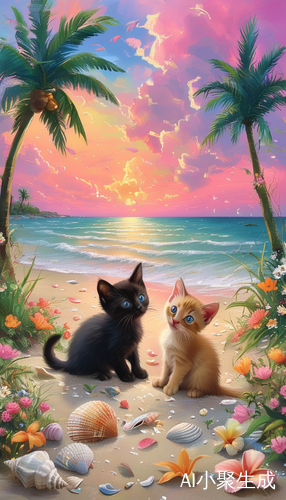 彩云下的粉色海滩与嬉戏的小猫