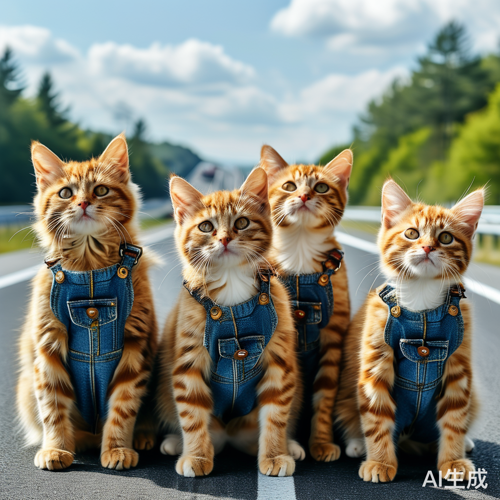 穿牛仔背带裤的猫咪在高速公路跳科目三