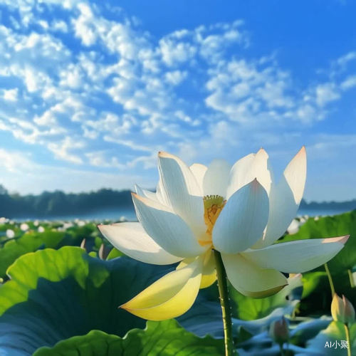 荷花随风摇曳白云飘动的美景