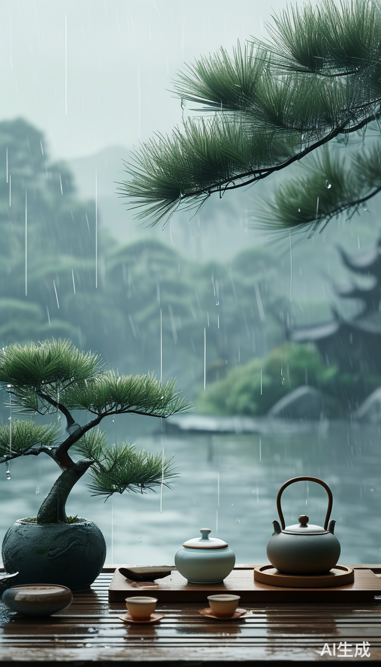 古风禅意的雨天山水茶园景观
