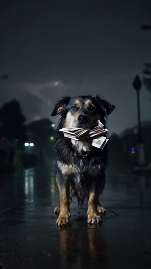 一只流浪狗，在暴风雨的夜晚，手拿一捆百元大钞