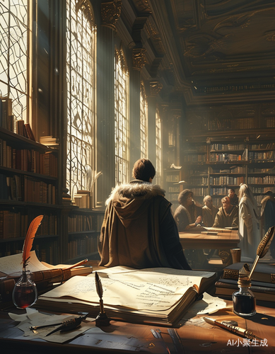 A Serene Library Scene of Immersion in Knowledge and Discussion