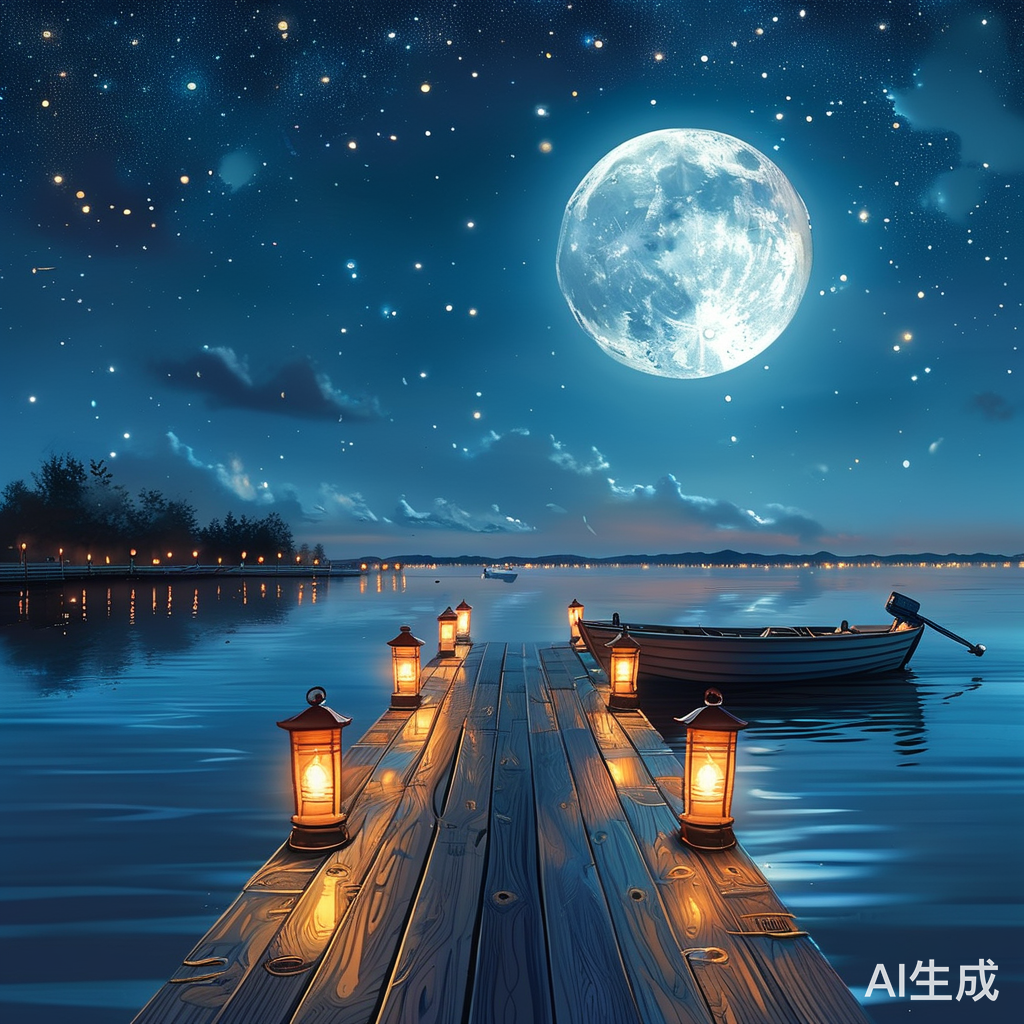 宁静月光夜下的梦幻海边插画