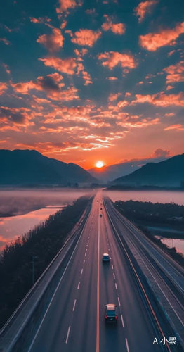 傍晚公路上的夕阳与远山湖面的迷雾