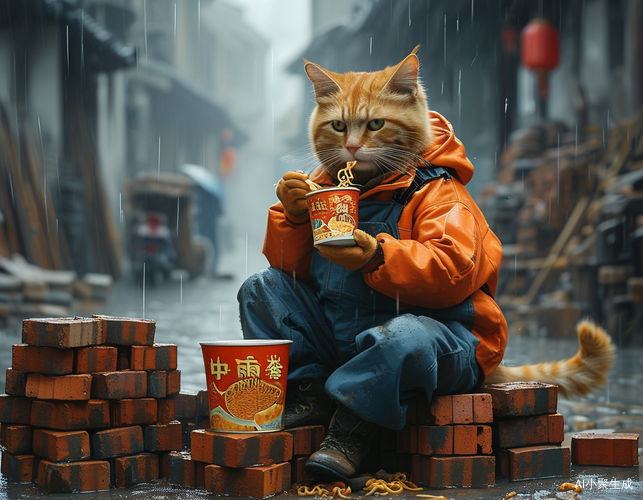 雨中工地橘猫穿工服享受泡面时光