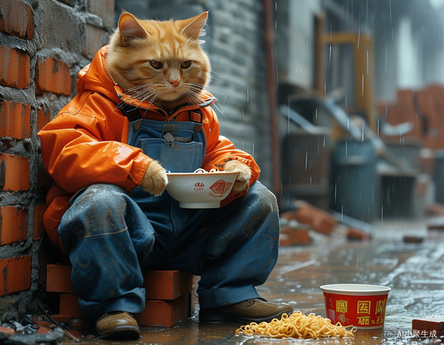 雨中工地橘猫穿工服享受泡面时光