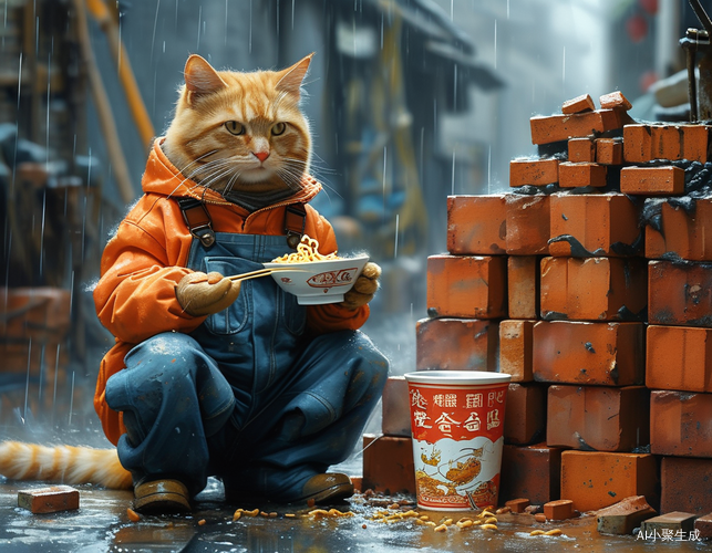 雨中工地橘猫穿工服享受泡面时光