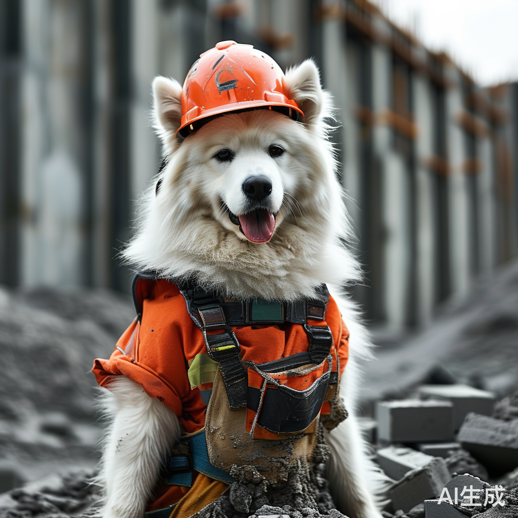 萨摩耶在工地穿烂衣服戴安全帽搬砖