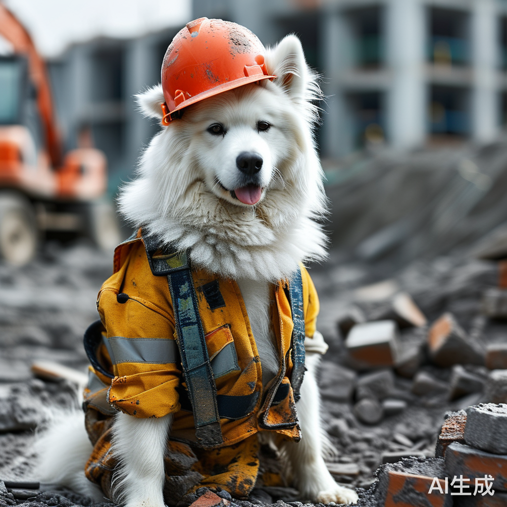 萨摩耶在工地穿烂衣服戴安全帽搬砖