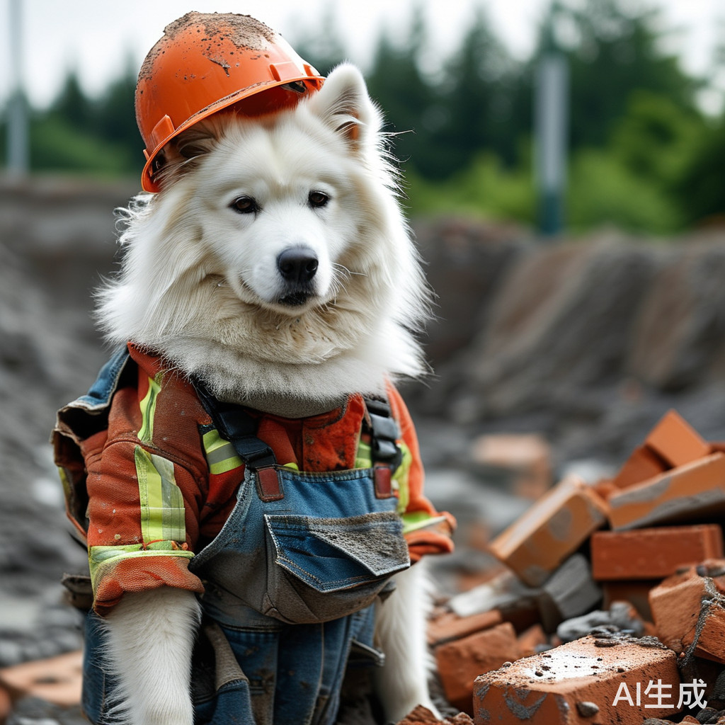 萨摩耶在工地穿烂衣服戴安全帽搬砖