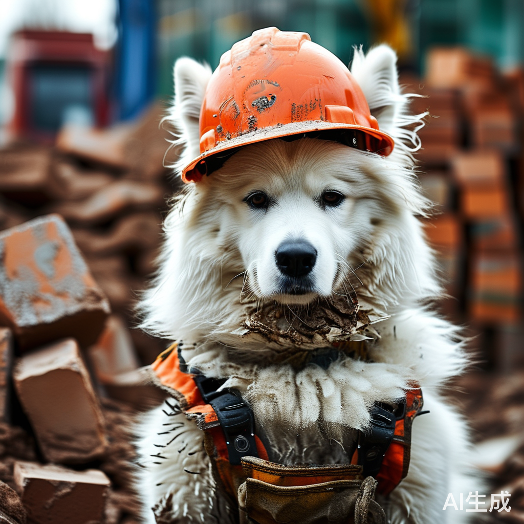 萨摩耶在工地穿烂衣服戴安全帽搬砖