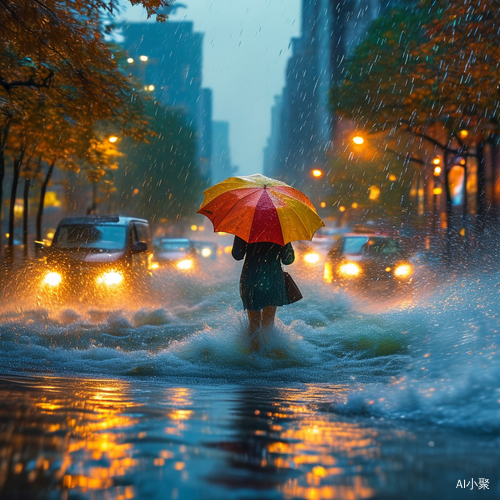 狂暴雷雨中的城市雨景与行人艰难挣扎