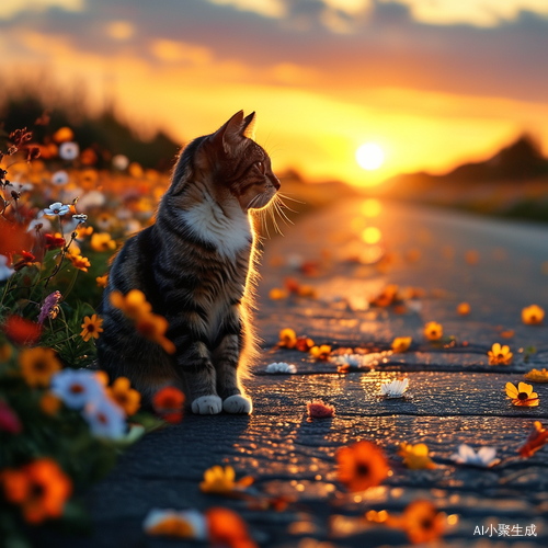 夕阳下花海中的流浪猫邂逅