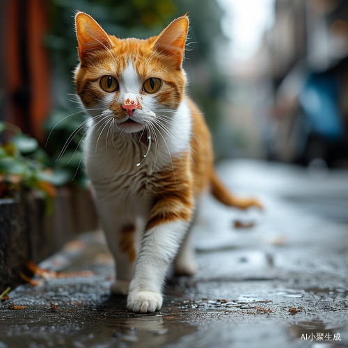 橘色毛猫叼奶嘴在街头追逐