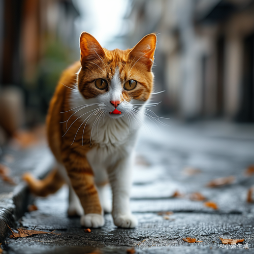 橘色毛猫叼奶嘴在街头追逐