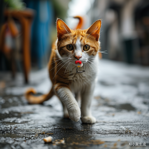 橘色毛猫叼奶嘴在街头追逐