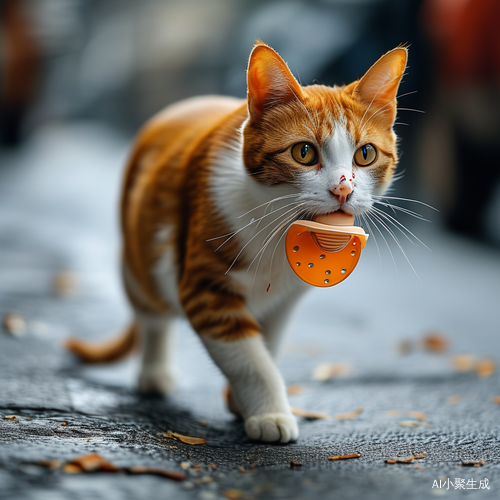 橘色毛猫叼奶嘴在街头追逐