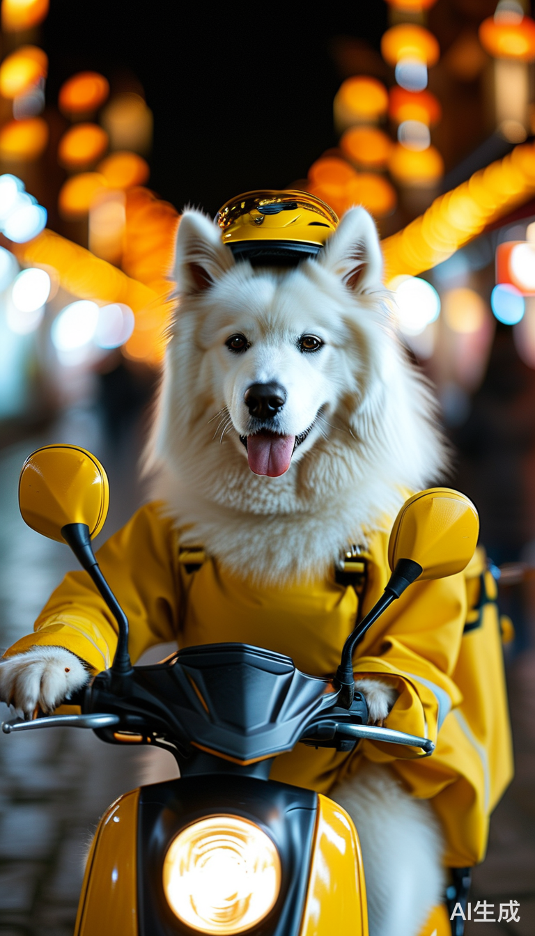 萨摩耶骑电瓶车送餐展现活力