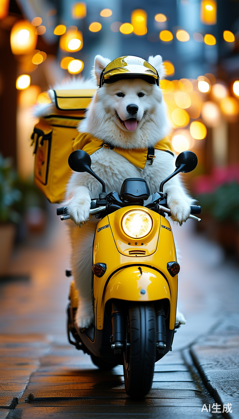 萨摩耶骑电瓶车送餐展现活力