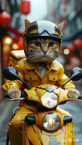 街头猫咪骑电动车送外卖穿黄色送餐服