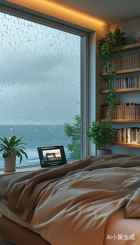 温馨海景主卧室雨天中的自然与舒适