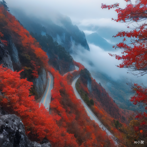 满山红叶映衬公路的美丽风景