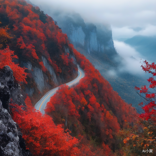 满山红叶映衬公路的美丽风景