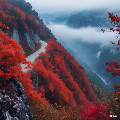 满山红叶映衬公路的美丽风景