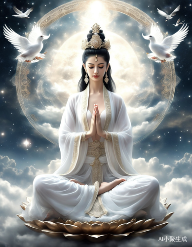 华丽白衣观音菩萨冥想于莲花座中的宇宙场景
