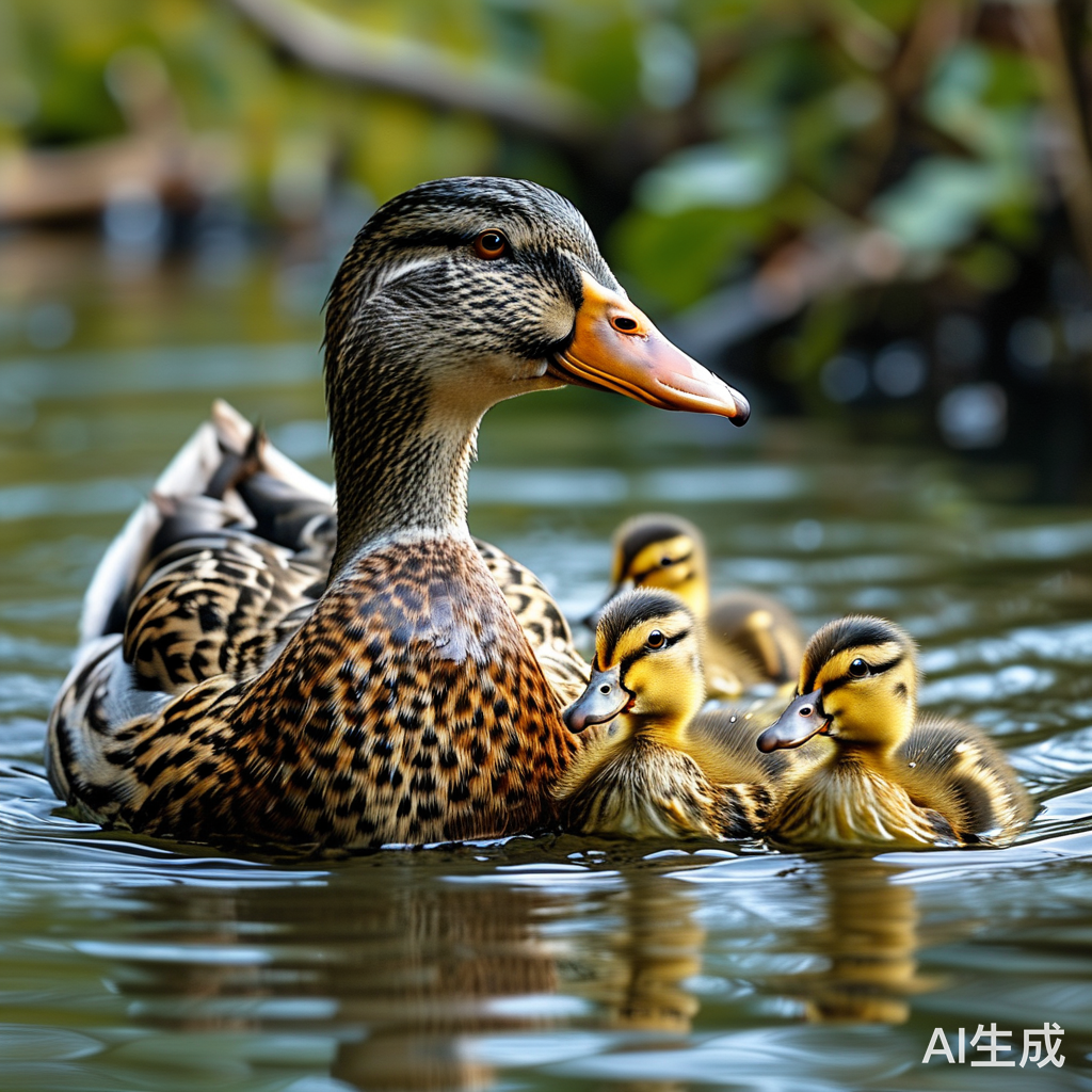 母鸭带小鸭在河里悠闲游泳