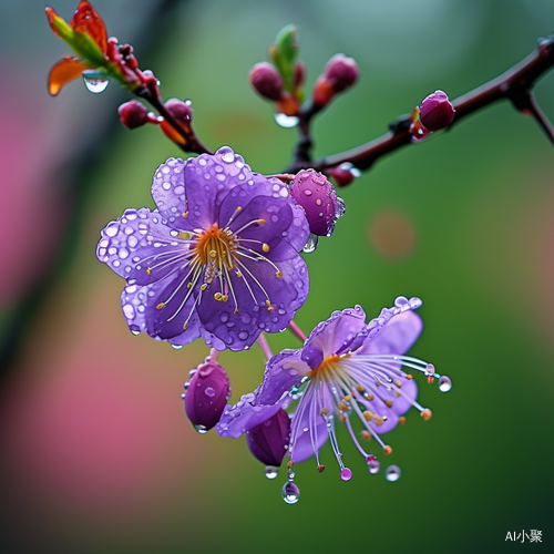 晨雨后紫梅花绽放水珠伴绿影