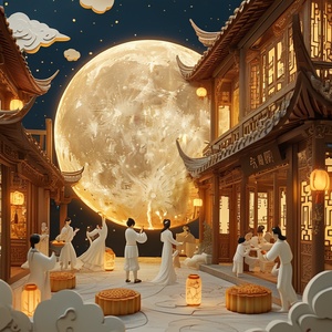 A huge moon, the interior of which is carved with ancient Chinese architecture and characters. Figures in white are celebrating the Mid-Autumn Festival, with a moon cake on the ground. Warm yellow light shines from the window of a building inside the moon, with the moon goddess standing next to people. The style is ancient, with a paper sculpture and a three-dimensional sense. The details are exquisite, and the texture is refined. Chinese elements, such as lanterns and auspicious clouds, create an illustrat