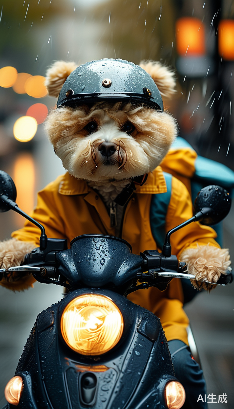 比熊骑电动车送外卖戴着头盔在雨中奋战