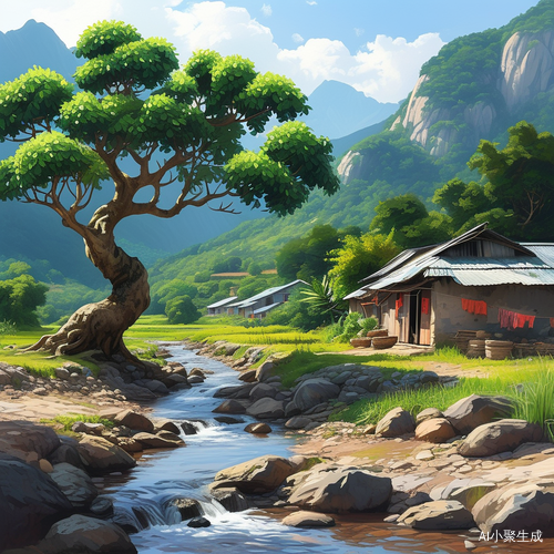 山水相映的小溪与人家和龙眼树的治愈系插画