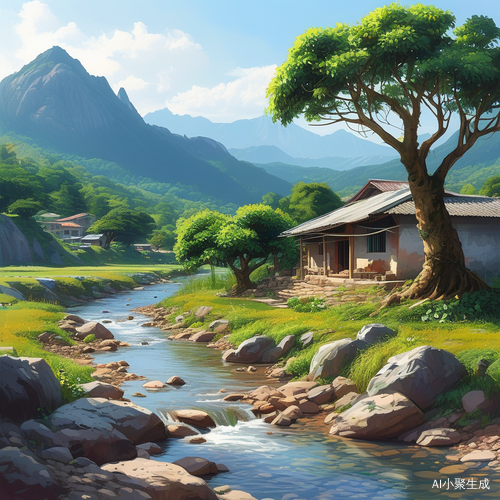 山水相映的小溪与人家和龙眼树的治愈系插画