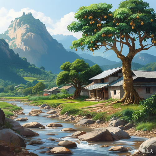 山水相映的小溪与人家和龙眼树的治愈系插画