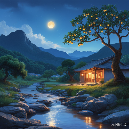 明月映照小溪两岸的超写实治愈系插画
