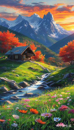 夕阳下的山丘别墅与红枫溪水相映