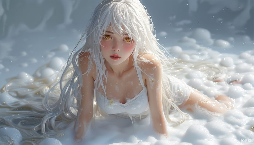 雪白长发少女在泡沫中散发纯洁光泽