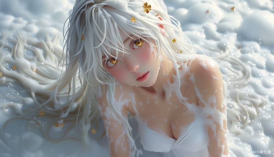雪白长发少女在泡沫中散发纯洁光泽