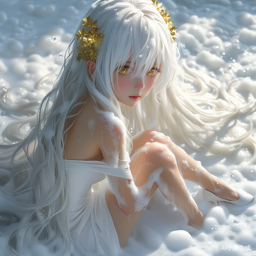 雪白长发少女在泡沫中散发纯洁光泽