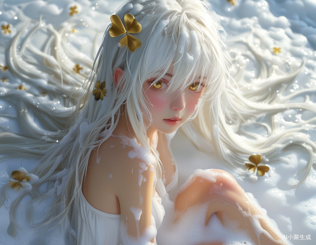 雪白长发少女与泡沫的梦幻交融