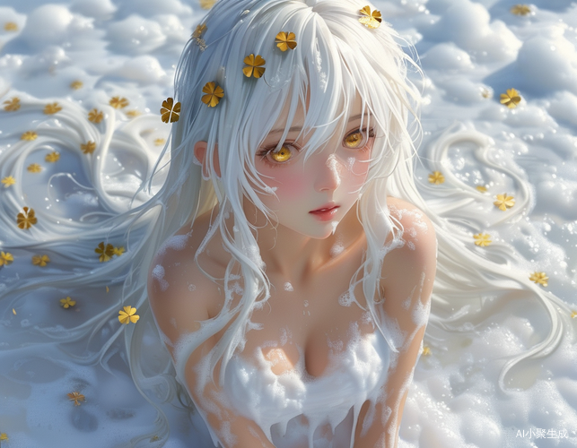 雪白长发少女与泡沫的梦幻交融