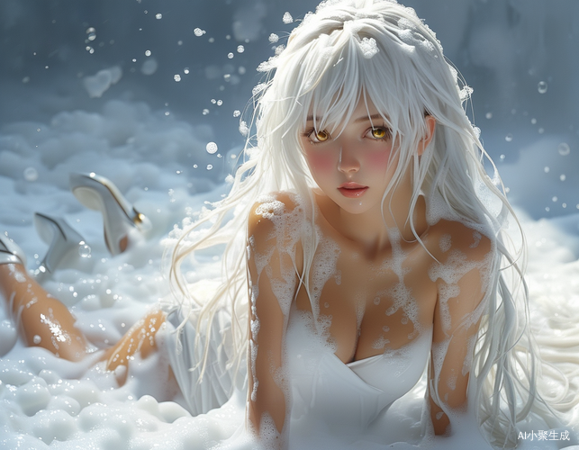 雪白长发少女与泡沫的梦幻交融