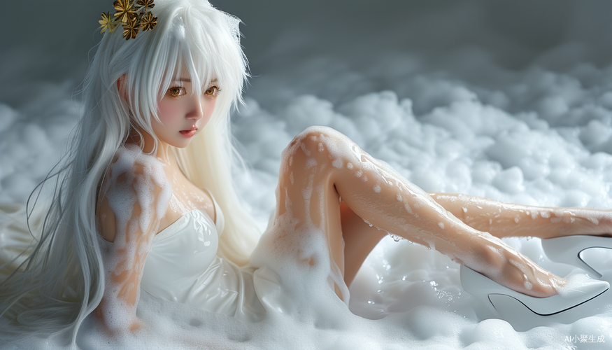 雪白长发少女泡沫中绽放的纯净美丽