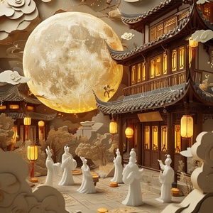 A huge moon, the interior of which is carved with ancient Chinese architecture and characters. Figures in white are celebrating the Mid-Autumn Festival, with a moon cake on the ground. Warm yellow light shines from the window of a building inside the moon, with the moon goddess standing next to people. The style is ancient, with a paper sculpture and a three-dimensional sense. The details are exquisite, and the texture is refined. Chinese elements, such as lanterns and auspicious clouds, create an illustrat