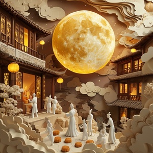 A huge moon, the interior of which is carved with ancient Chinese architecture and characters. Figures in white are celebrating the Mid-Autumn Festival, with a moon cake on the ground. Warm yellow light shines from the window of a building inside the moon, with the moon goddess standing next to people. The style is ancient, with a paper sculpture and a three-dimensional sense. The details are exquisite, and the texture is refined. Chinese elements, such as lanterns and auspicious clouds, create an illustrat