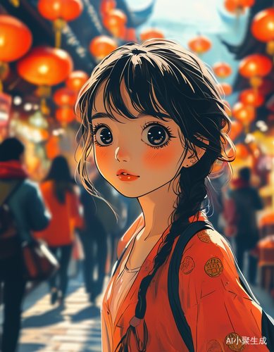 漫画风格的中国女孩在热闹街头漫步