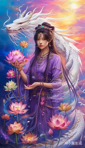 紫衣神女携七彩莲花白龙与七彩天空